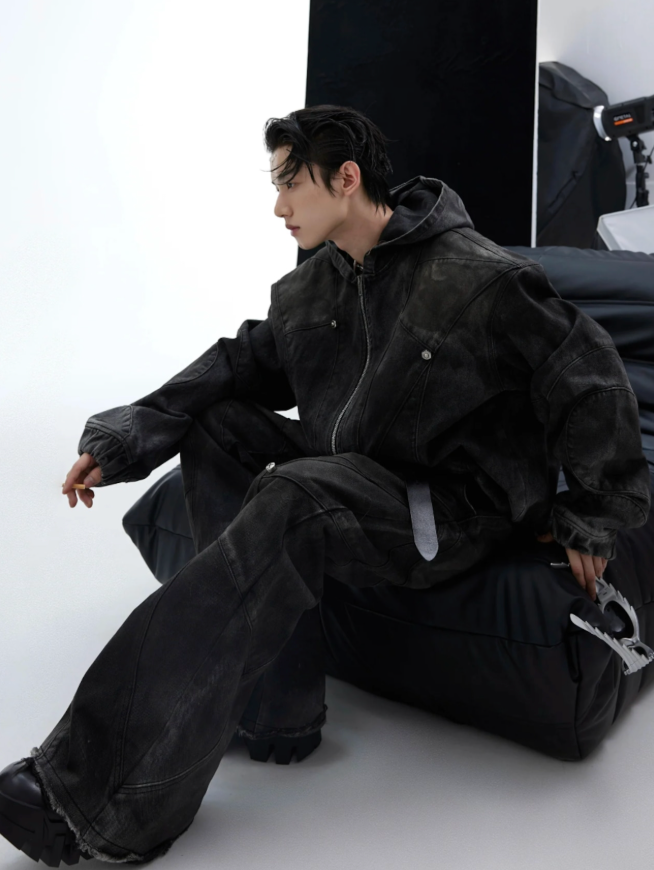 【GR44】Oversize Shoulder-pad Hooded Denim Jacket & Deconstructed Denim Jeans Setup(Pants)