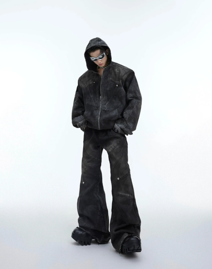 【GR44】Oversize Shoulder-pad Hooded Denim Jacket & Deconstructed Denim Jeans Setup(Pants)