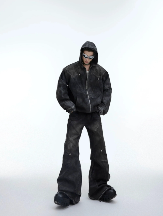 【GR44】Oversize Shoulder-pad Hooded Denim Jacket & Deconstructed Denim Jeans Setup(Pants)