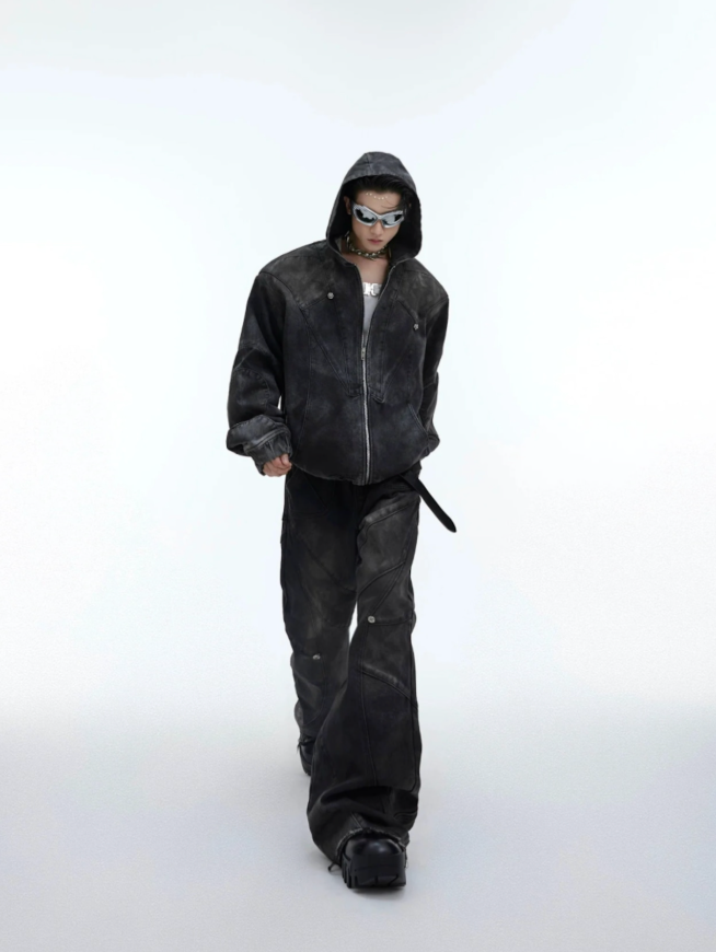 【GR44】Oversize Shoulder-pad Hooded Denim Jacket & Deconstructed Denim Jeans Setup(Pants)