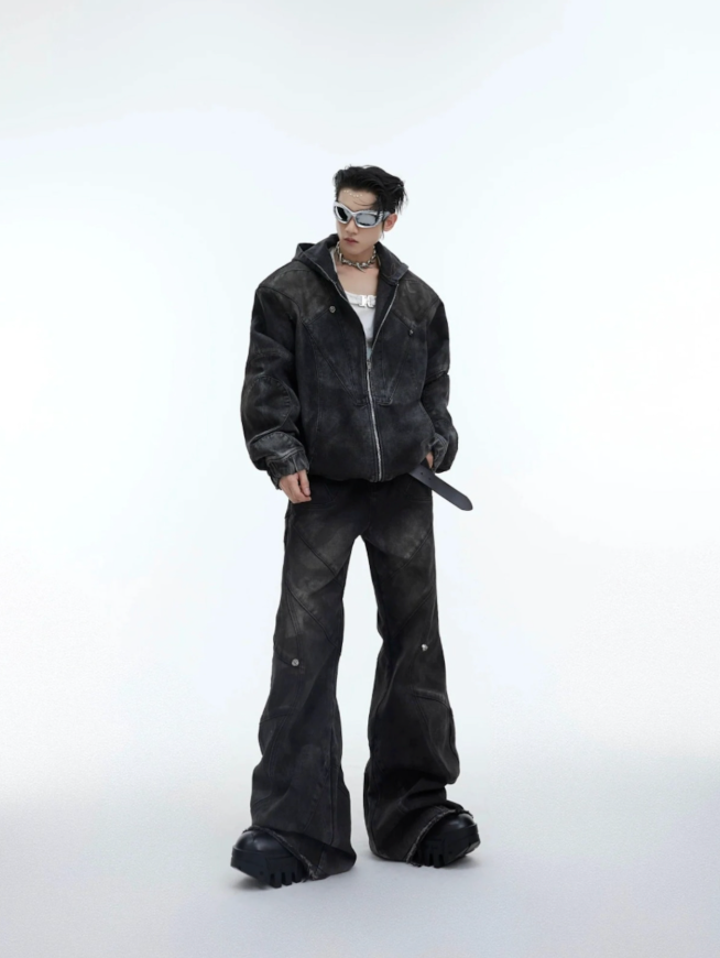 【GR44】Oversize Shoulder-pad Hooded Denim Jacket & Deconstructed Denim Jeans Setup(Pants)