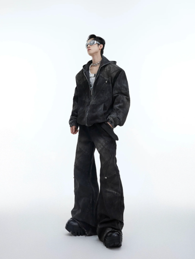 【GR44】Oversize Shoulder-pad Hooded Denim Jacket & Deconstructed Denim Jeans Setup(Pants)