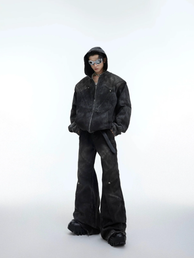 【GR44】Oversize Shoulder-pad Hooded Denim Jacket & Deconstructed Denim Jeans Setup(Pants)