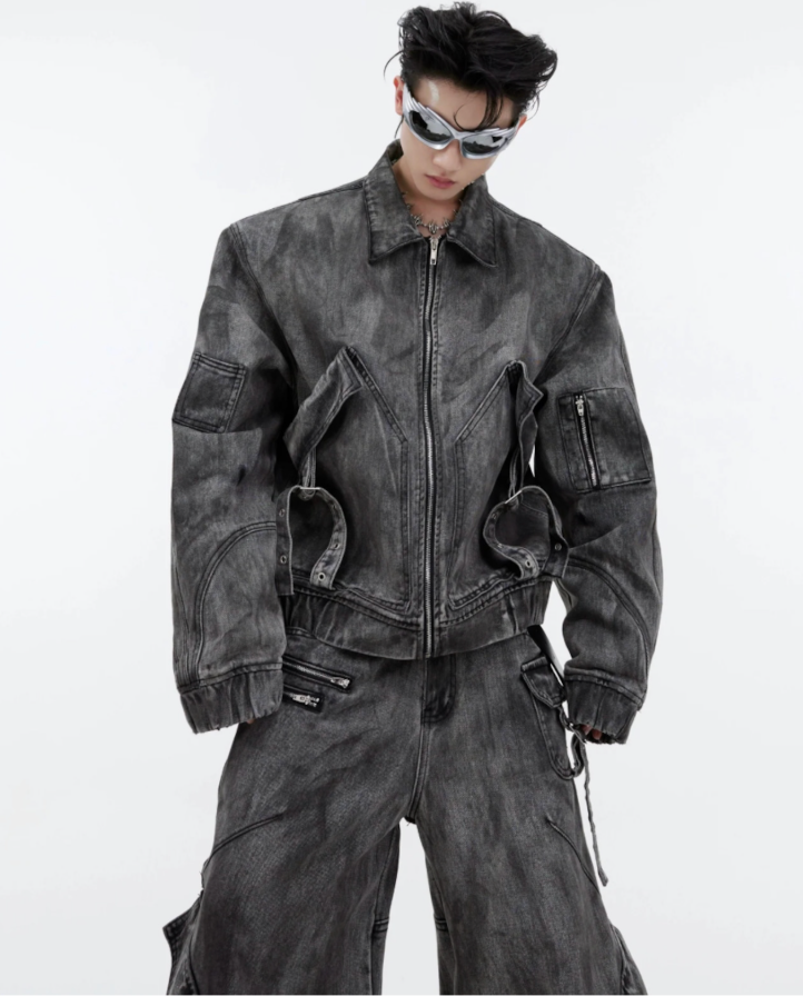 【GR38】Oversize Zipper Denim Jacket & Wide-leg Denim Jeans (Jacket)