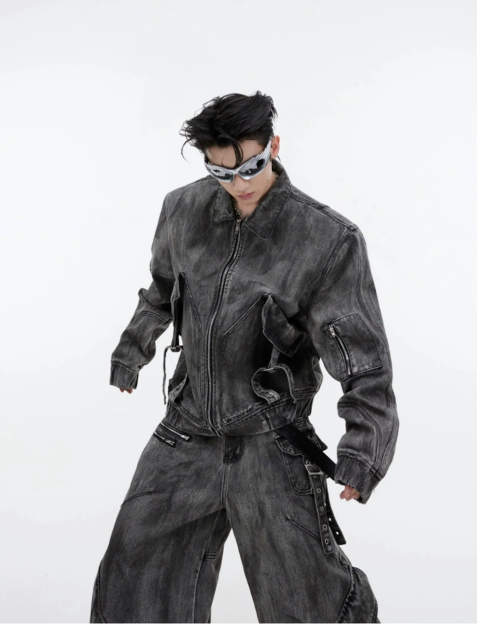 【GR38】Oversize Zipper Denim Jacket & Wide-leg Denim Jeans (Jacket)