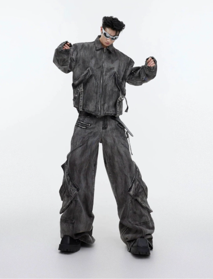 【GR38】Oversize Zipper Denim Jacket & Wide-leg Denim Jeans (Jacket)