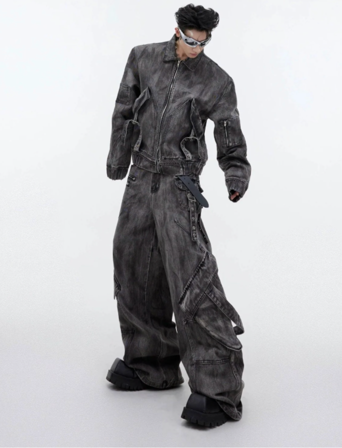 【GR38】Oversize Zipper Denim Jacket & Wide-leg Denim Jeans (Jacket)