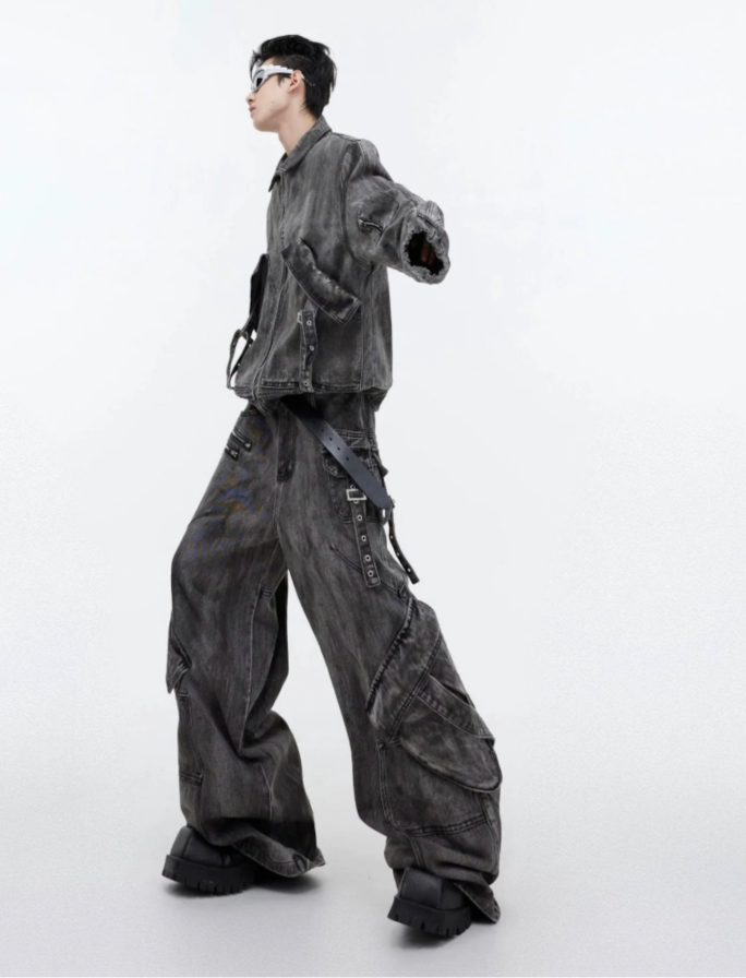 【GR38】Oversize Zipper Denim Jacket & Wide-leg Denim Jeans (Pants)