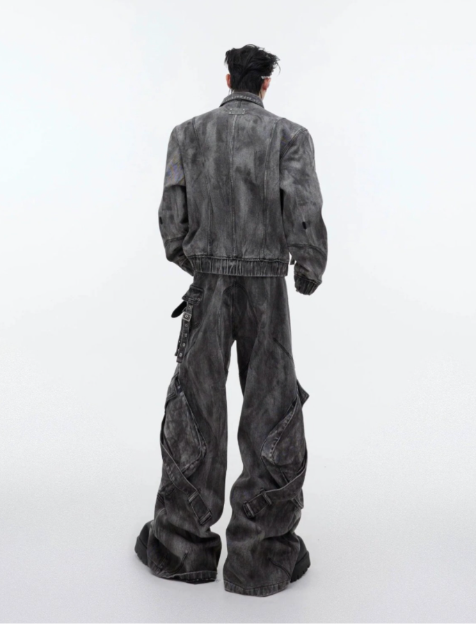 【GR38】Oversize Zipper Denim Jacket & Wide-leg Denim Jeans (Jacket)