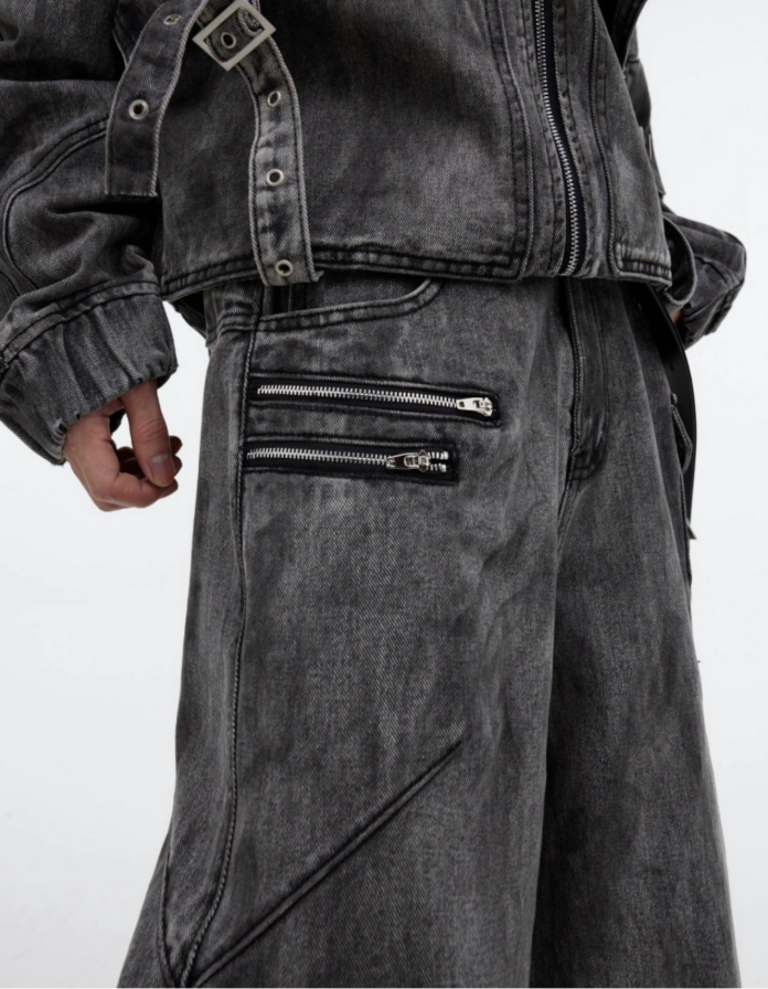 【GR38】Oversize Zipper Denim Jacket & Wide-leg Denim Jeans (Jacket)