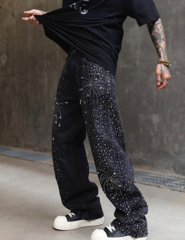 【GR70】Rhinestone Flower Denim