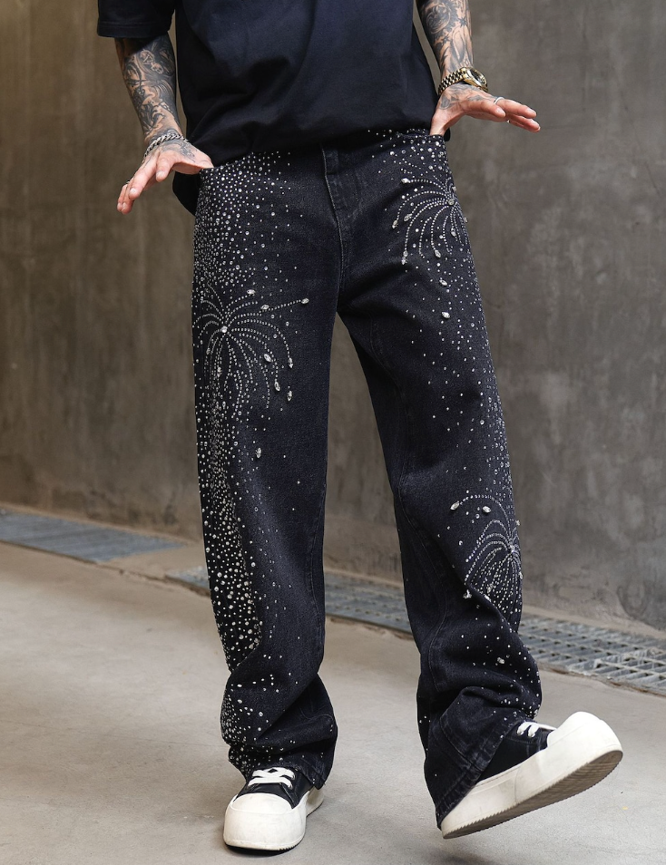【GR70】Rhinestone Flower Denim