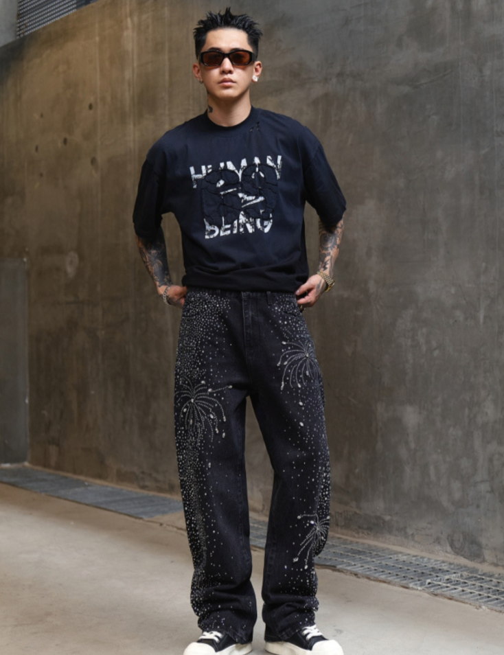 【GR70】Rhinestone Flower Denim