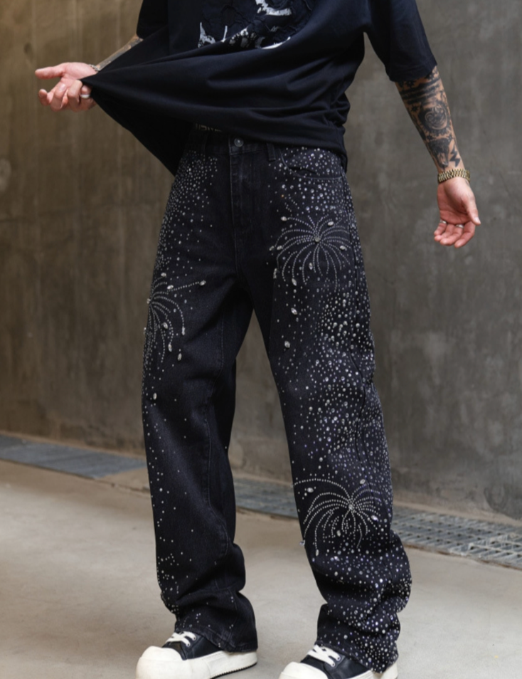 【GR70】Rhinestone Flower Denim