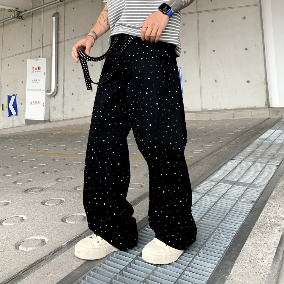 【GR72】Rhinestone Gem Black Pants