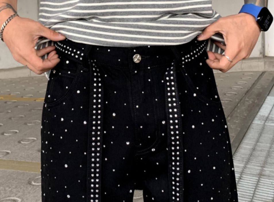 【GR72】Rhinestone Gem Black Pants