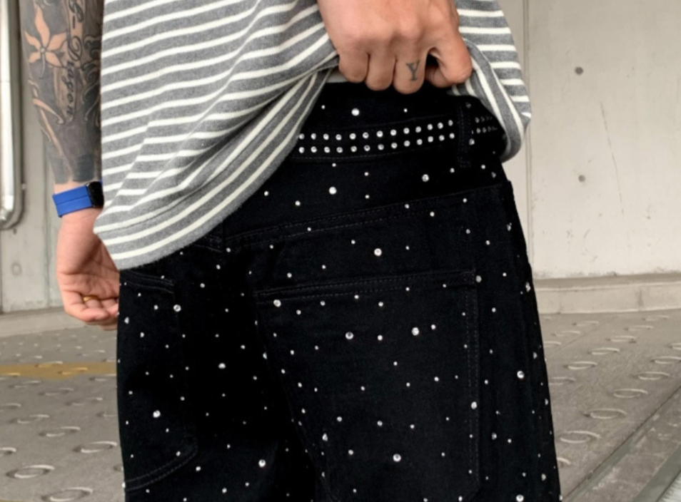 【GR72】Rhinestone Gem Black Pants