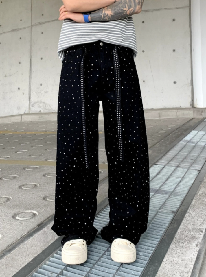 【GR72】Rhinestone Gem Black Pants