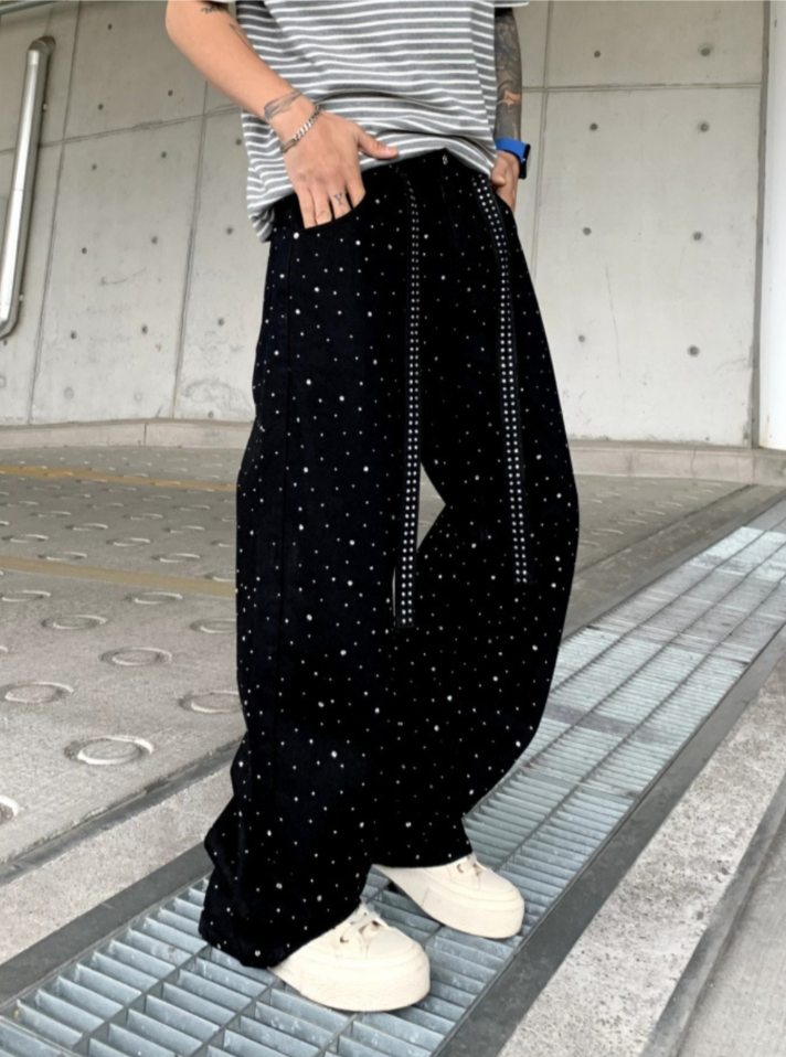 【GR72】Rhinestone Gem Black Pants