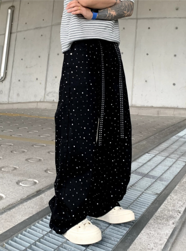【GR72】Rhinestone Gem Black Pants