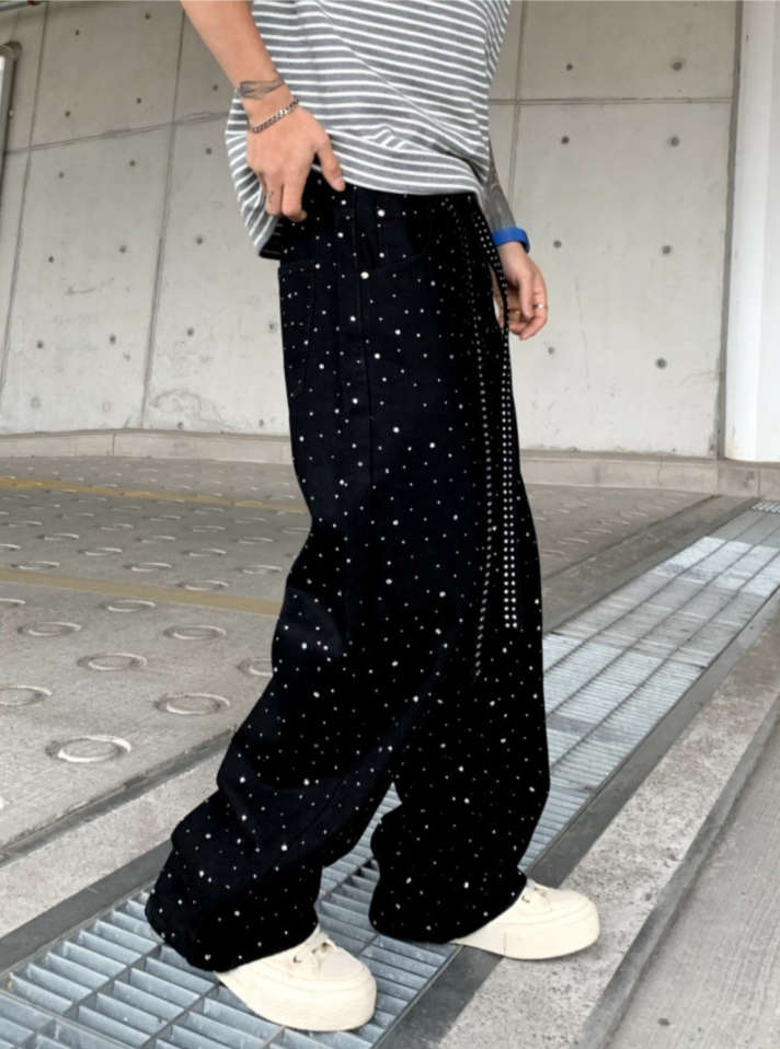 【GR72】Rhinestone Gem Black Pants
