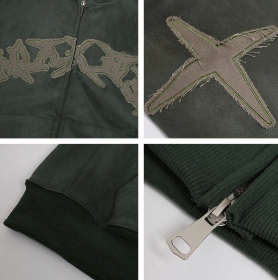 【GR34】Double Zipper Sueded Hooded Short Jacket