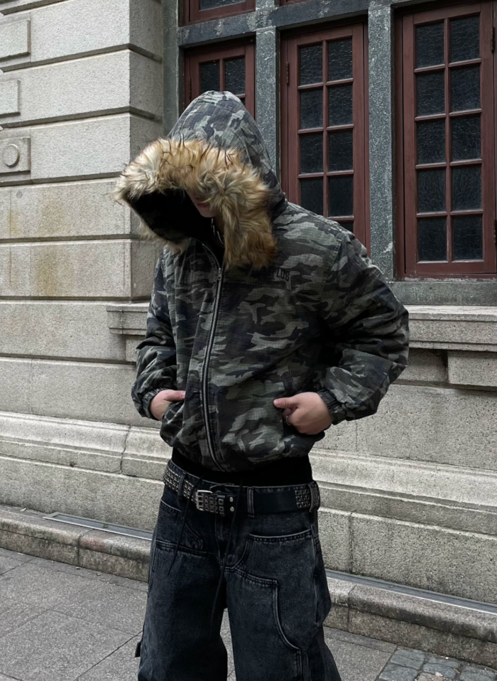 【GR33】Camouflage Fake Fur Puffer Jacket