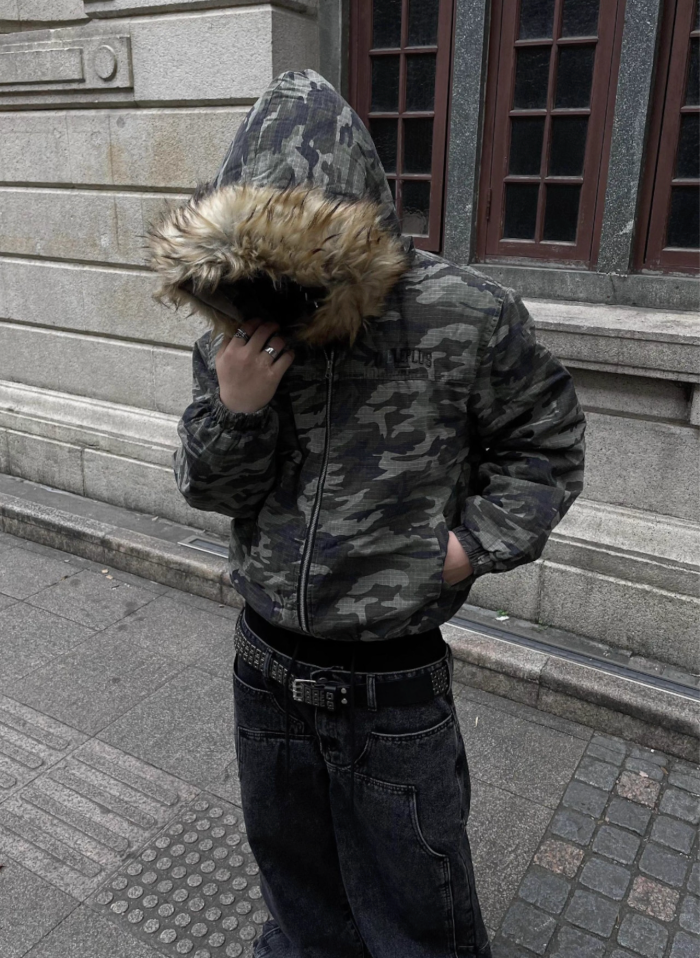【GR33】Camouflage Fake Fur Puffer Jacket