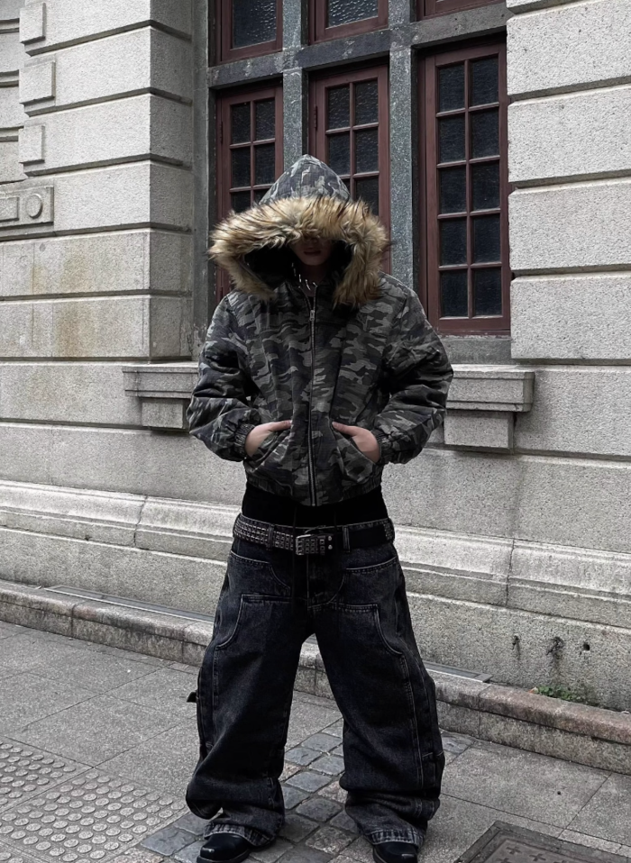 【GR33】Camouflage Fake Fur Puffer Jacket
