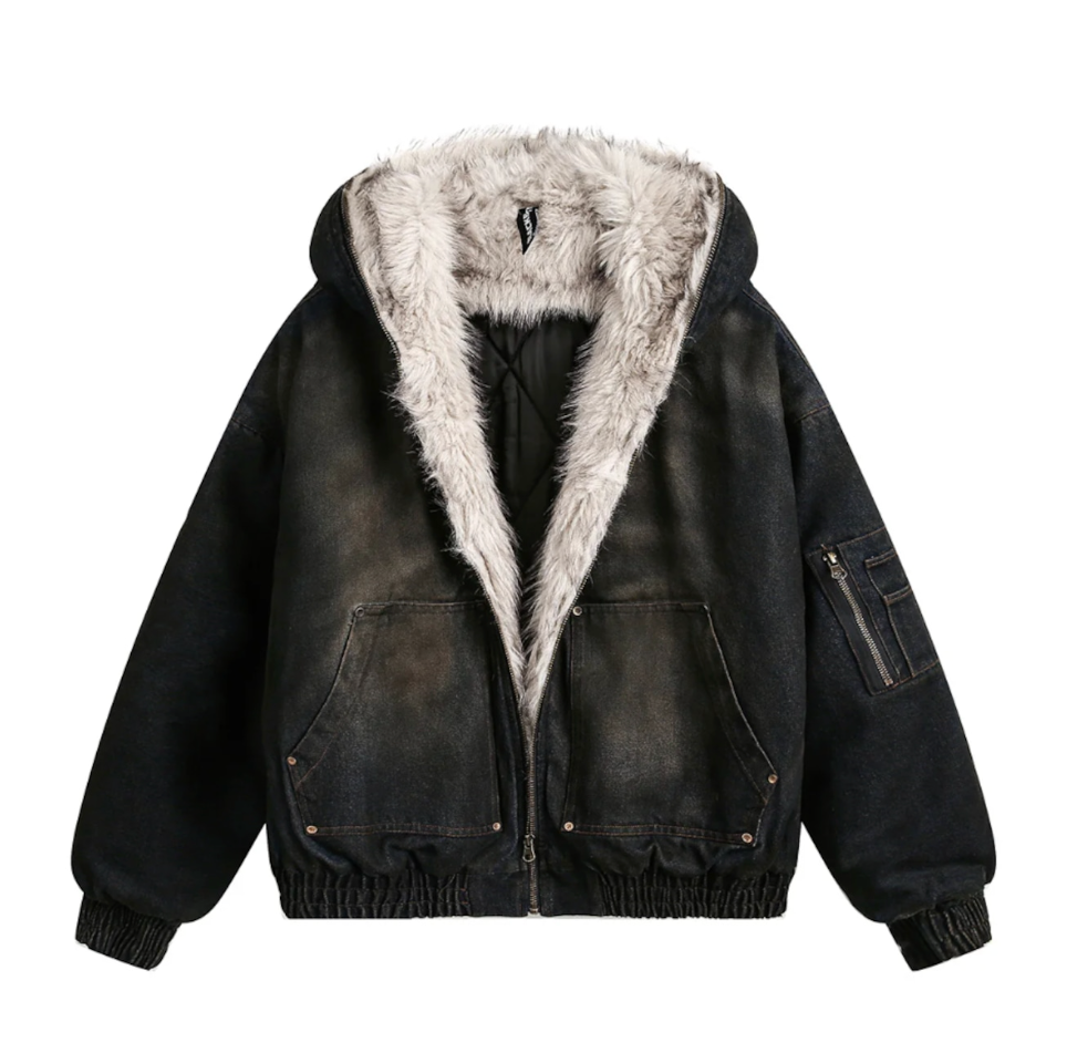 【GR32】Washed Denim Sherpa-Lining Padded Jacket
