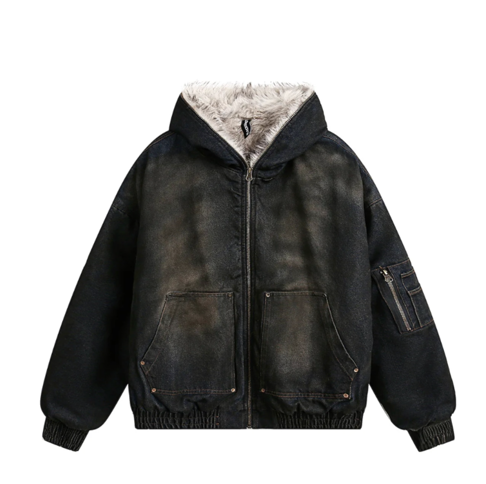 【GR32】Washed Denim Sherpa-Lining Padded Jacket