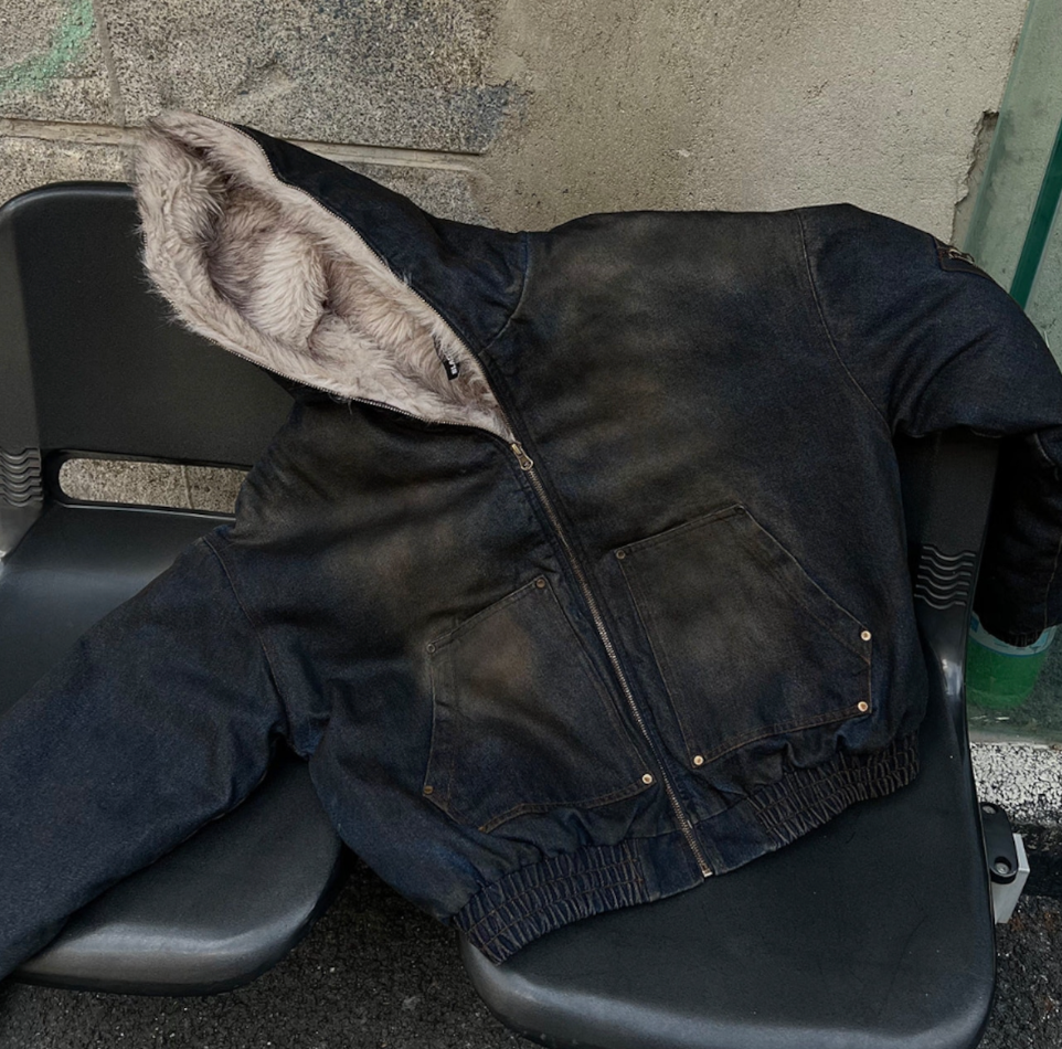 【GR32】Washed Denim Sherpa-Lining Padded Jacket