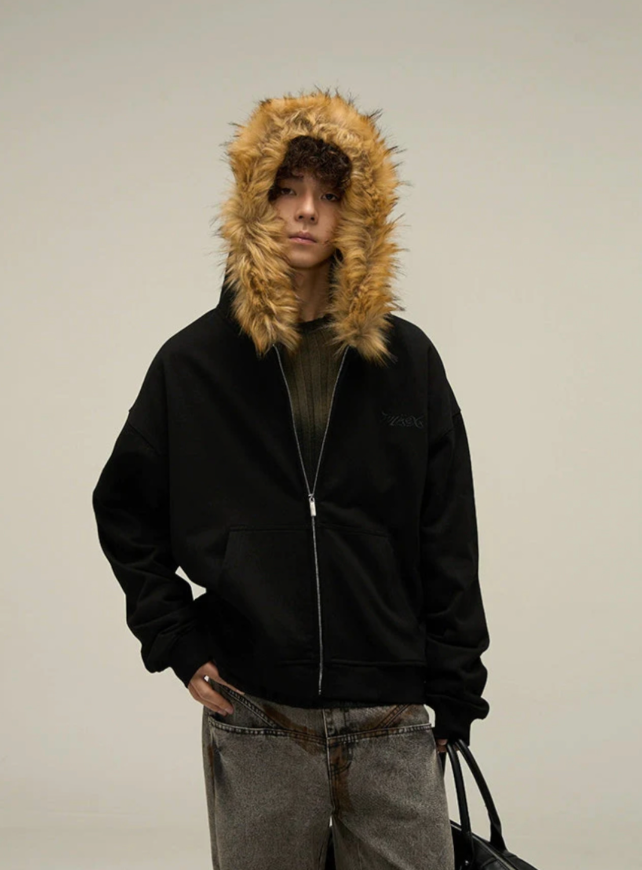 【GR31】Oversize Fur Neck Zipper Hoodie