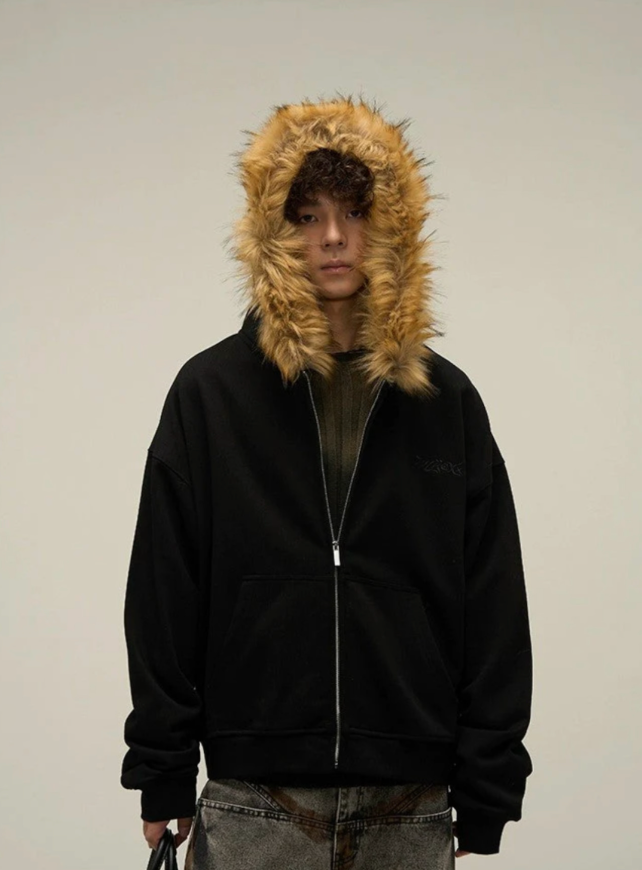 【GR31】Oversize Fur Neck Zipper Hoodie