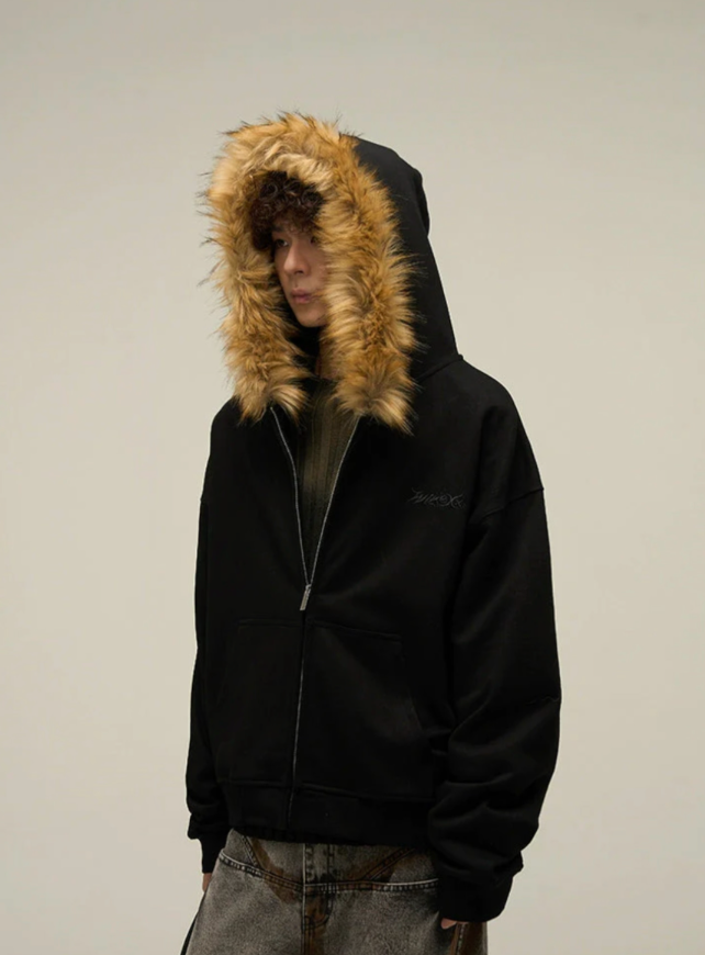 【GR31】Oversize Fur Neck Zipper Hoodie