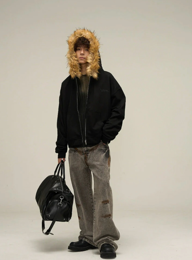 【GR31】Oversize Fur Neck Zipper Hoodie