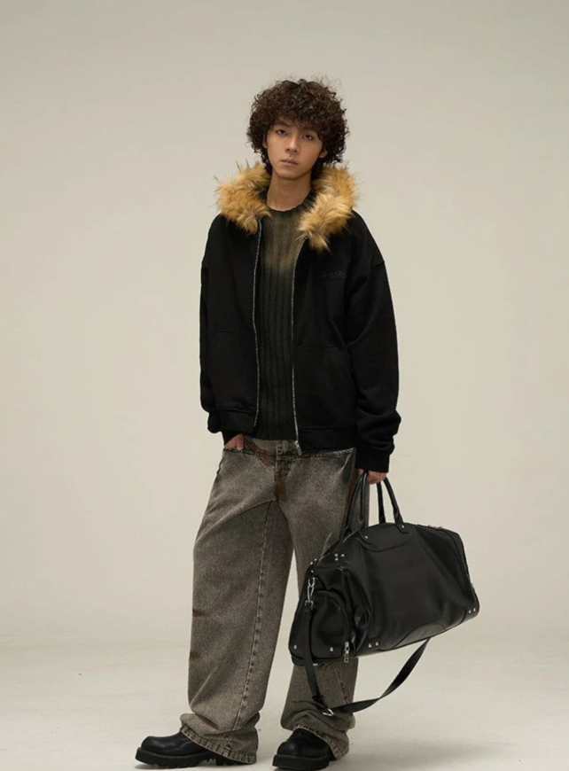 【GR31】Oversize Fur Neck Zipper Hoodie