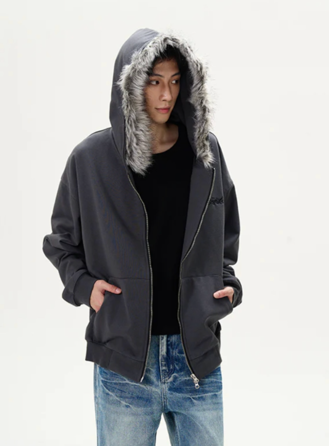 【GR31】Oversize Fur Neck Zipper Hoodie