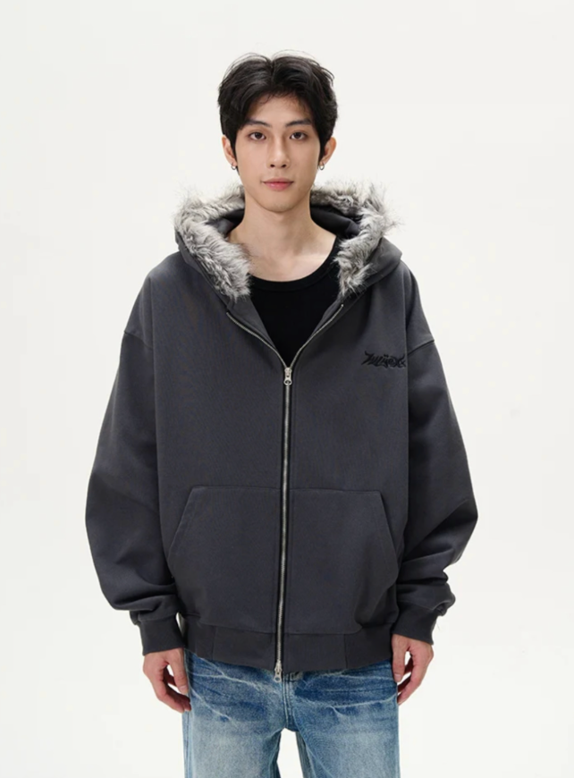 【GR31】Oversize Fur Neck Zipper Hoodie