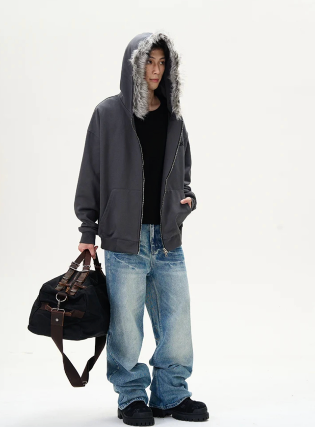 【GR31】Oversize Fur Neck Zipper Hoodie