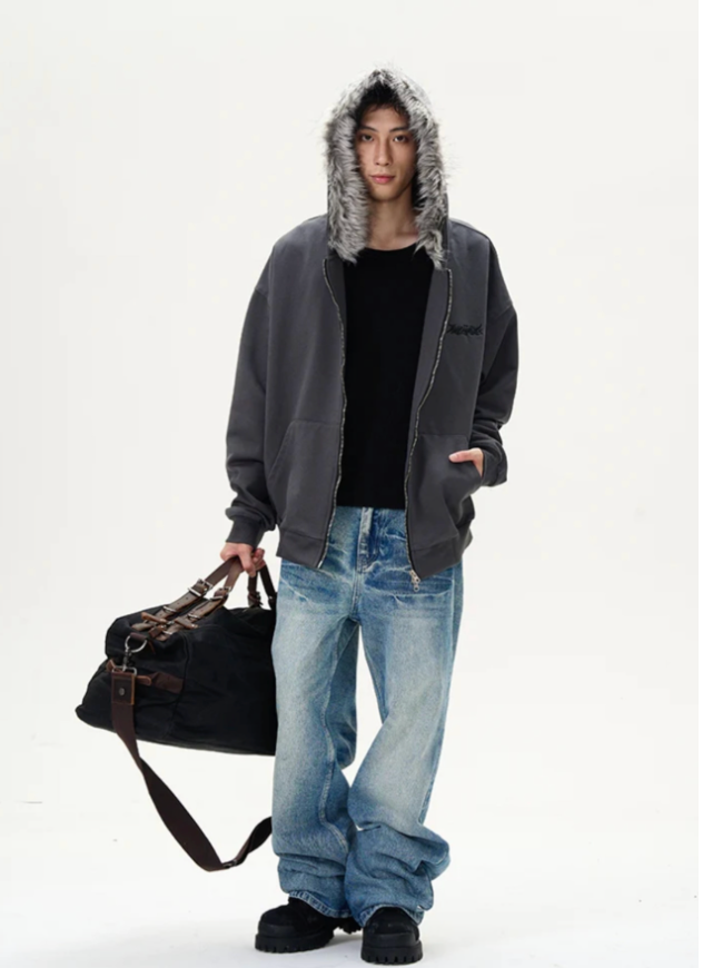 【GR31】Oversize Fur Neck Zipper Hoodie