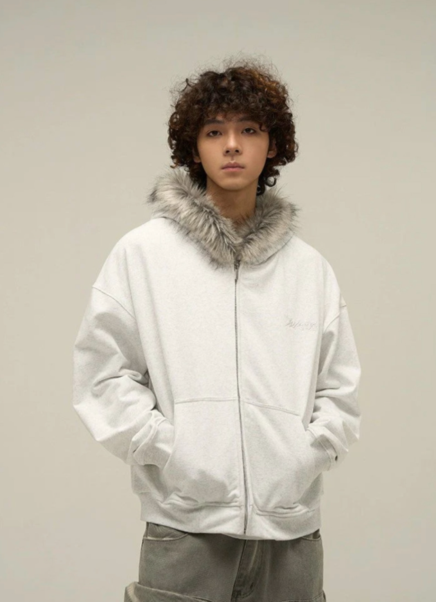 【GR31】Oversize Fur Neck Zipper Hoodie