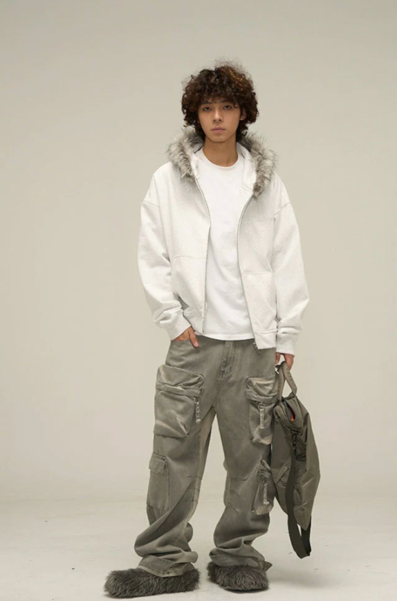 【GR31】Oversize Fur Neck Zipper Hoodie