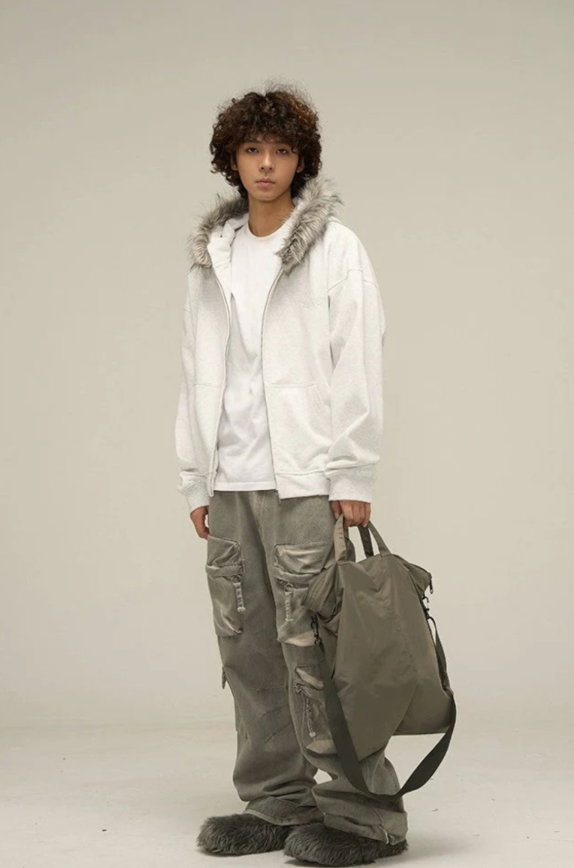 【GR31】Oversize Fur Neck Zipper Hoodie