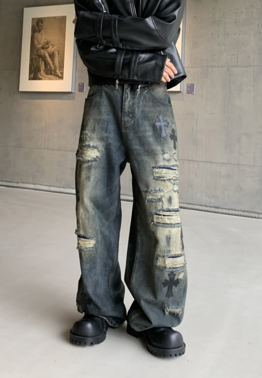 【GR74】Damaged Cross Buggy Denim Grey