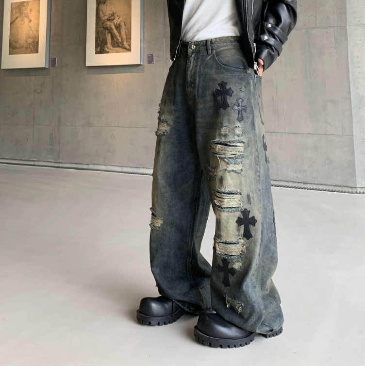 【GR74】Damaged Cross Buggy Denim Grey