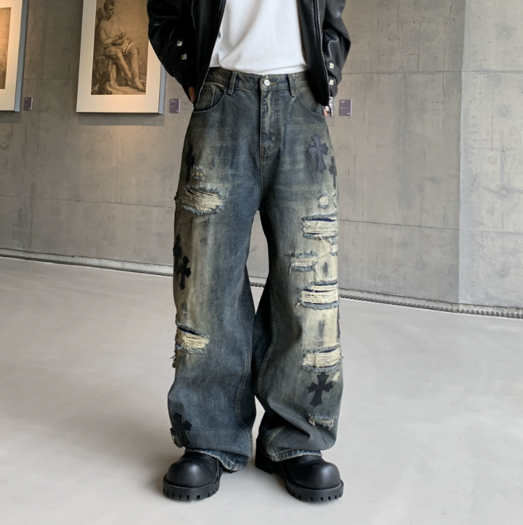 【GR74】Damaged Cross Buggy Denim Grey