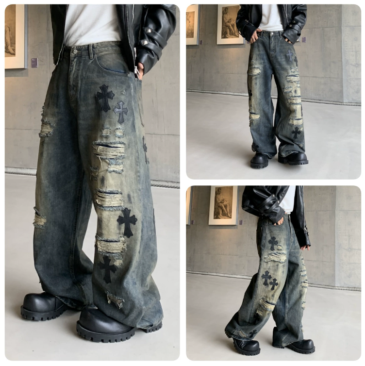 【GR74】Damaged Cross Buggy Denim Grey