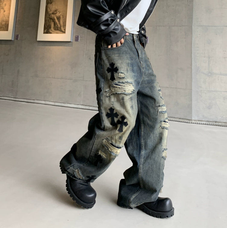 【GR74】Damaged Cross Buggy Denim Grey