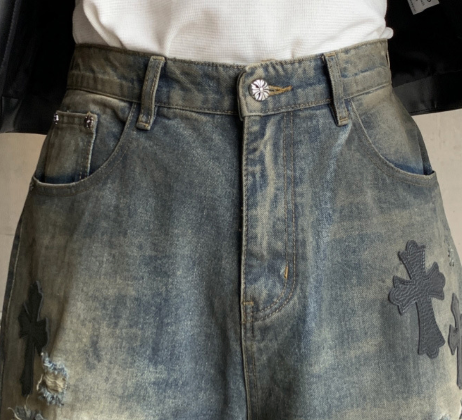【GR74】Damaged Cross Buggy Denim Grey